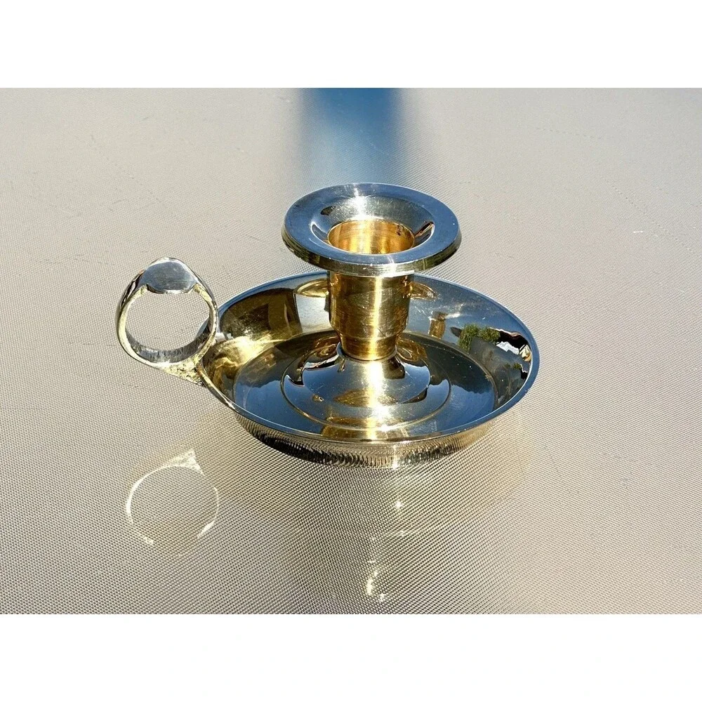 Solid Brass Chamberstick Candle Holder Finger Loop Drip Pan Made In India